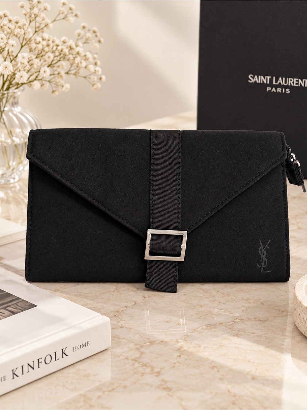 Yves Saint Laurent Black Envelope Clutch with Buckle Detail